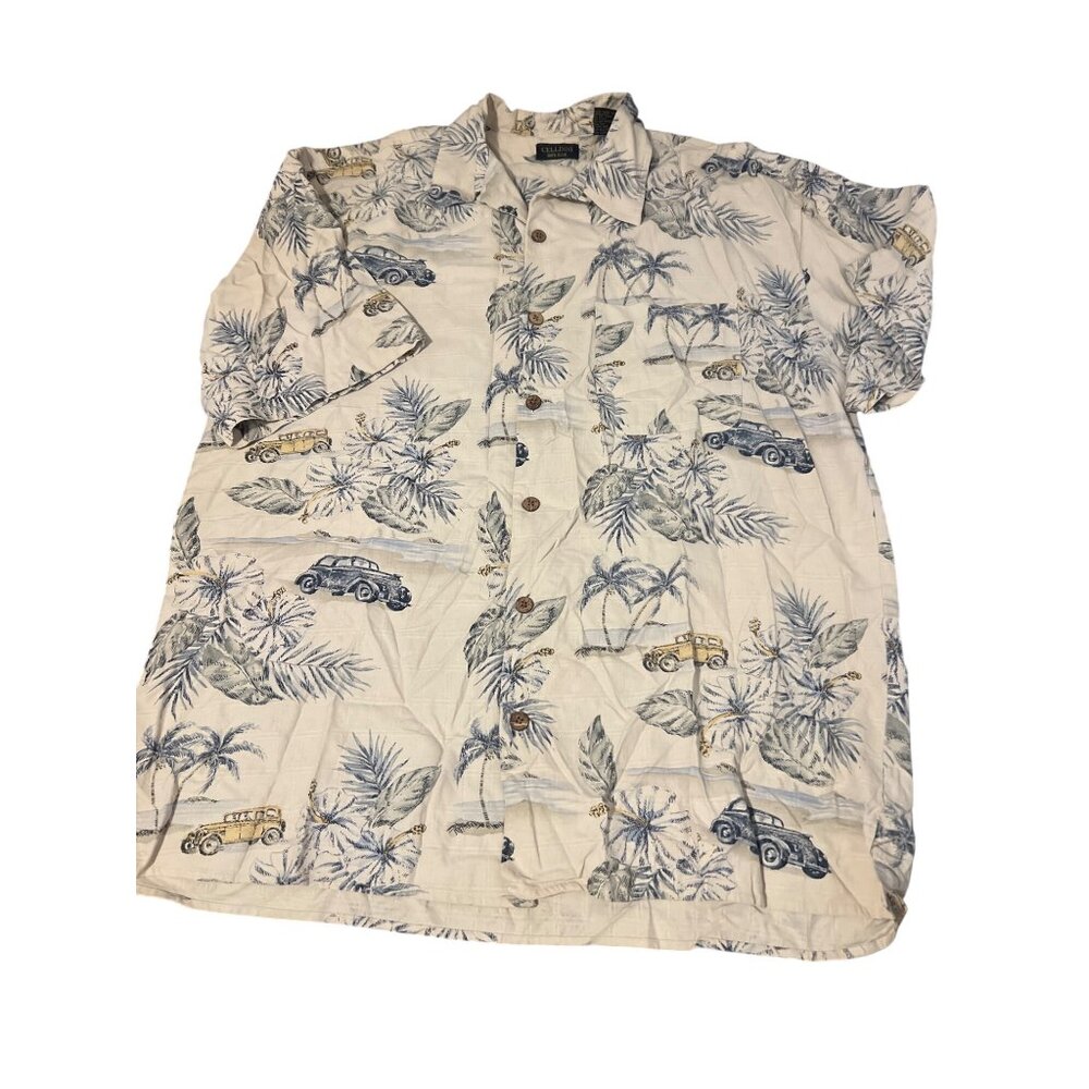 Cellini 100% Silk Hawaiian Button-Up Shirt Palm Tree Vintage Car Print Size XL
